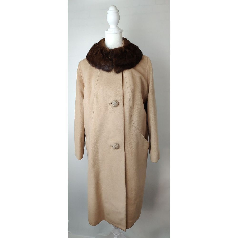 100% Cashmere Coat Button Front Fur Collar Arcade USA Vintage Women Cream M